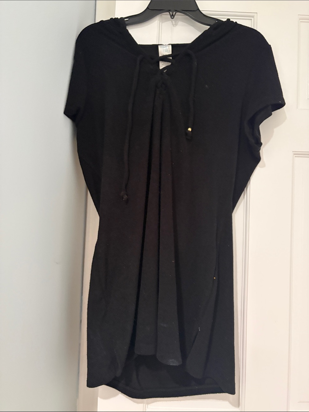 Black Short Sleeve Hooded Tunic Top. Swimming pool dress.